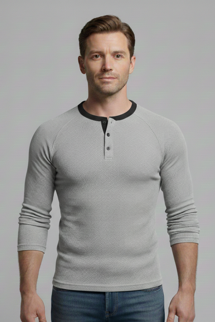Men's T-Shirt with Henley Neckline and Long Sleeves