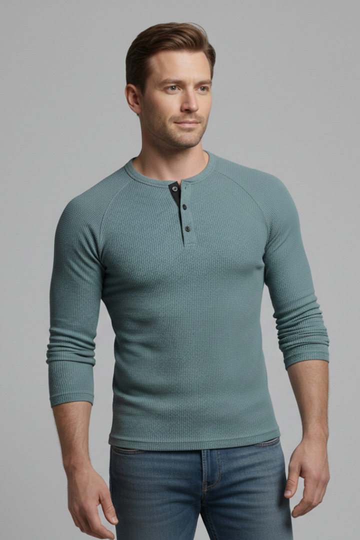 Men's T-Shirt with Henley Neckline and Long Sleeves