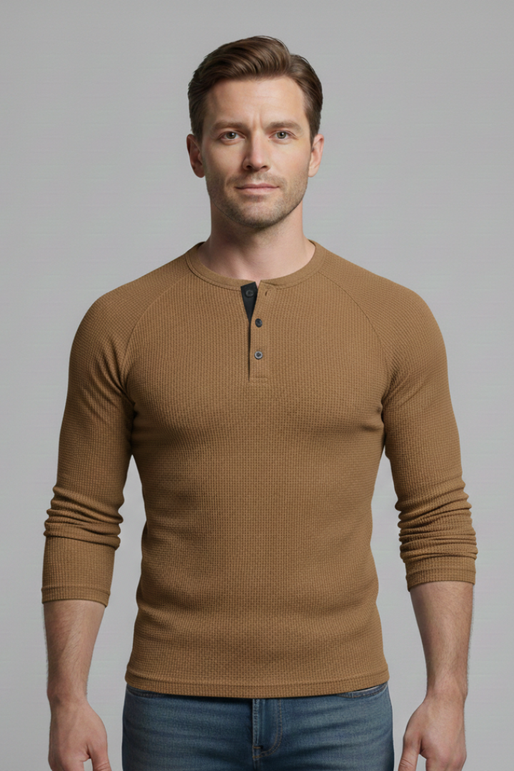 Men's T-Shirt with Henley Neckline and Long Sleeves