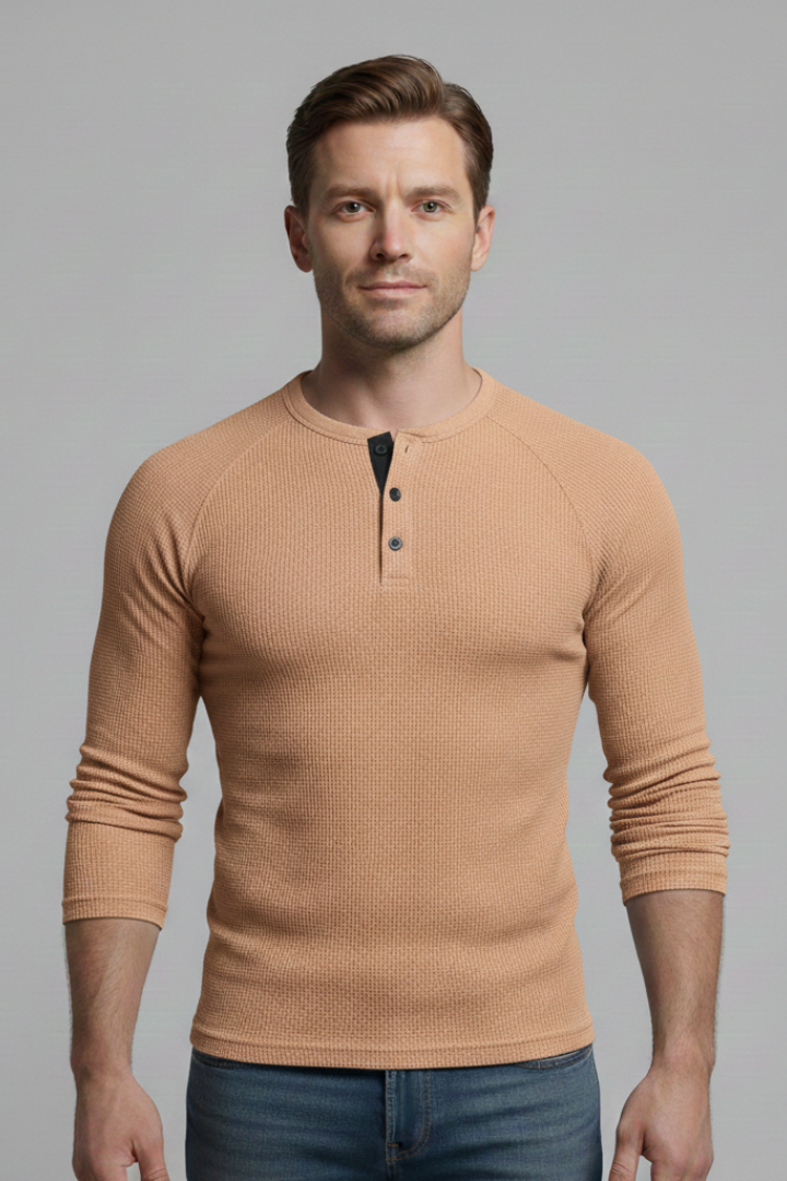 Men's T-Shirt with Henley Neckline and Long Sleeves