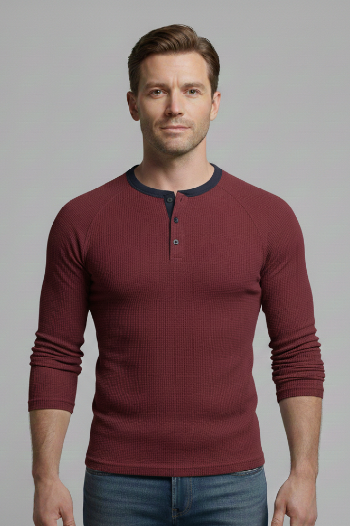 Men's T-Shirt with Henley Neckline and Long Sleeves