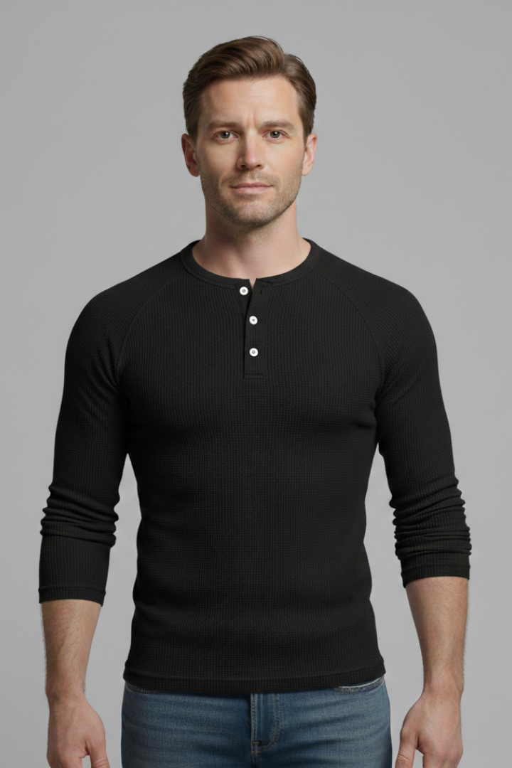 Men's T-Shirt with Henley Neckline and Long Sleeves