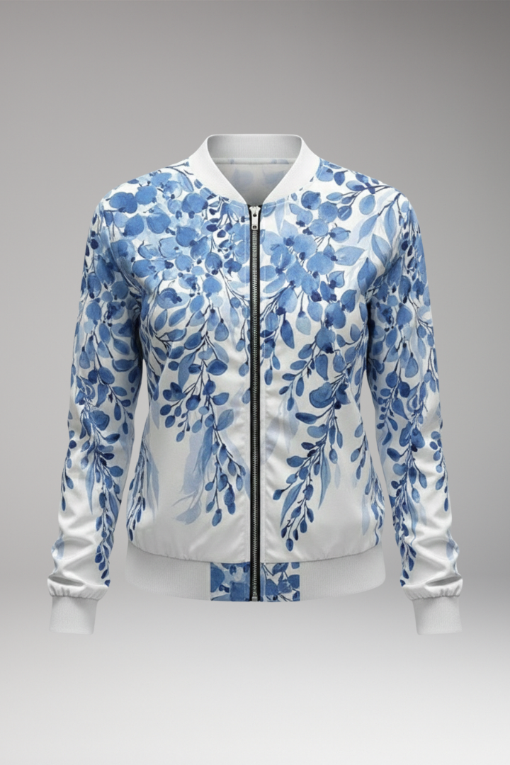 Women’s Floral Bomber Jacket with Zip and Ribbed Hem