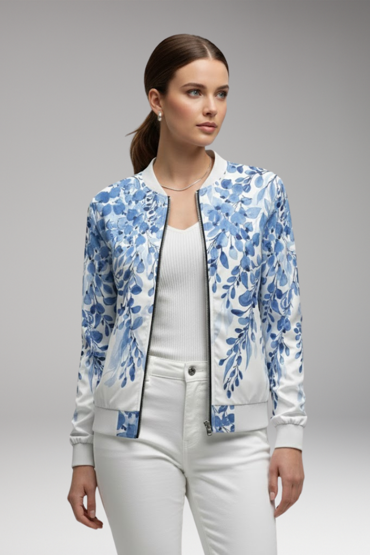 Women’s Floral Bomber Jacket with Zip and Ribbed Hem