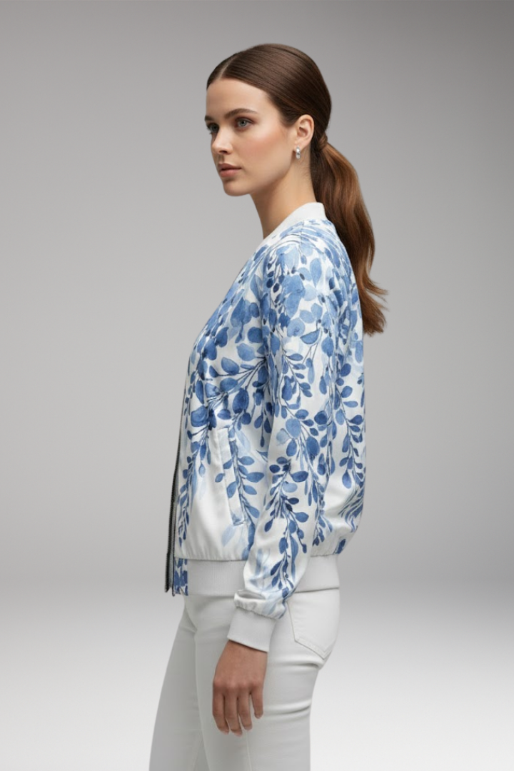 Women’s Floral Bomber Jacket with Zip and Ribbed Hem