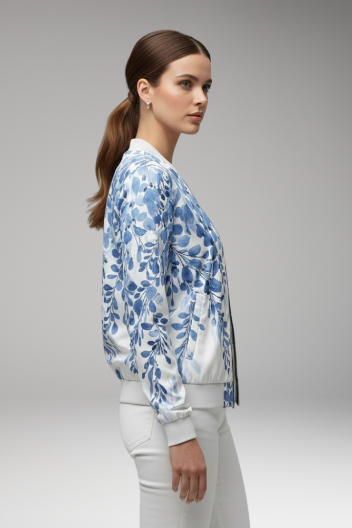 Women’s Floral Bomber Jacket with Zip and Ribbed Hem
