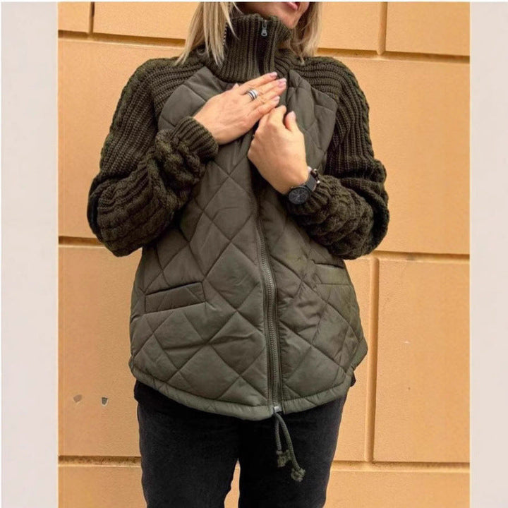 Women's Quilted Jacket with High Collar and Cable-Knit Sleeves