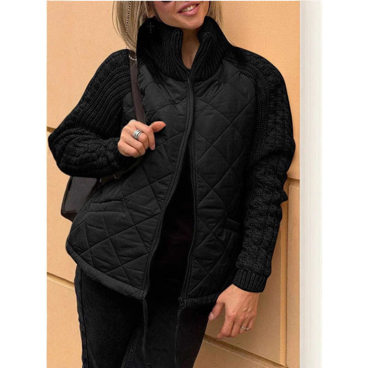 Women's Quilted Jacket with High Collar and Cable-Knit Sleeves