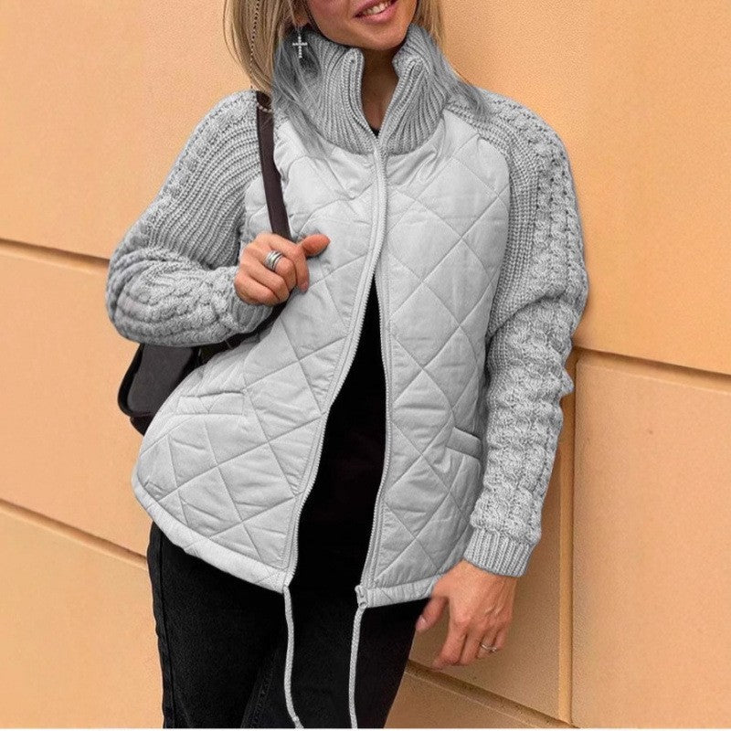 Women's Quilted Jacket with High Collar and Cable-Knit Sleeves