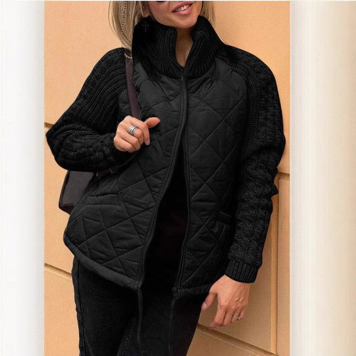 Women's Quilted Jacket with High Collar and Cable-Knit Sleeves