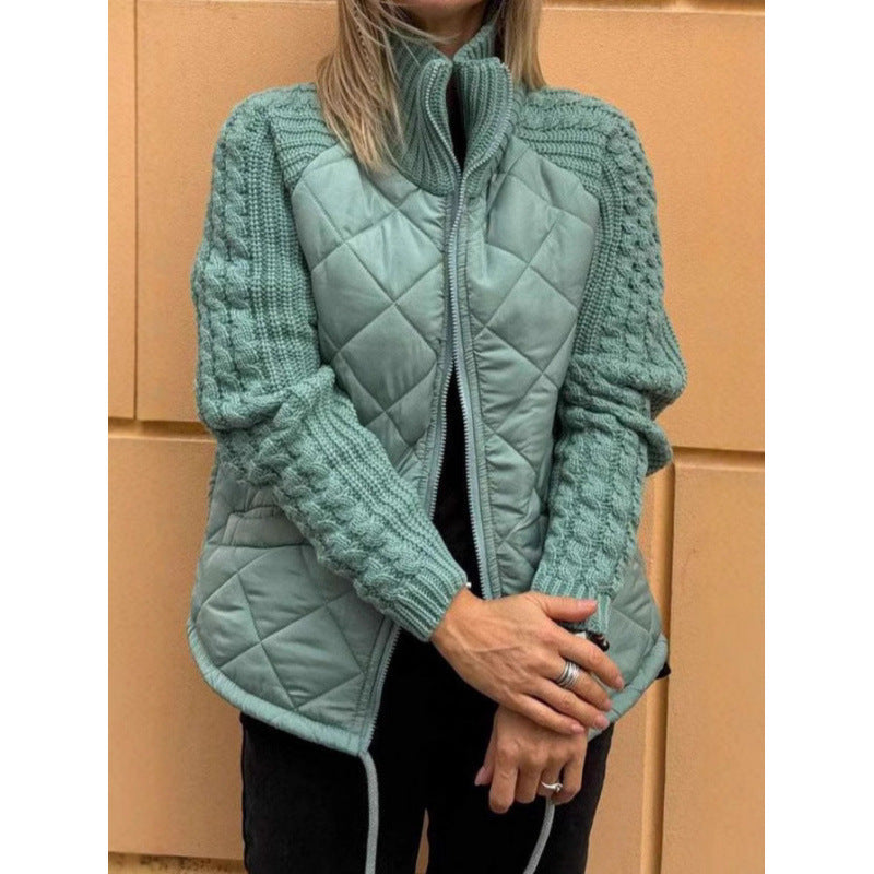 Women's Quilted Jacket with High Collar and Cable-Knit Sleeves
