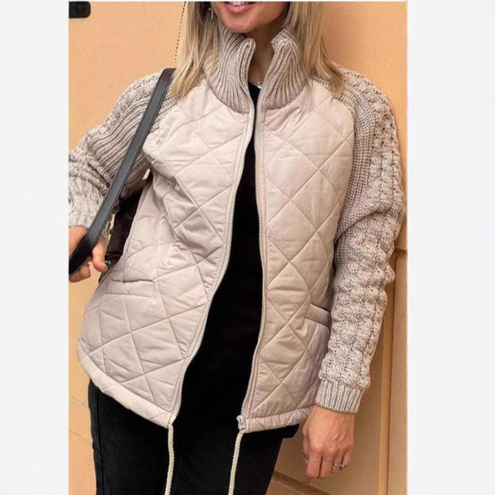 Women's Quilted Jacket with High Collar and Cable-Knit Sleeves