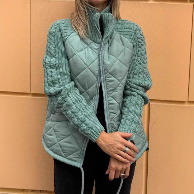 Women's Quilted Jacket with High Collar and Cable-Knit Sleeves