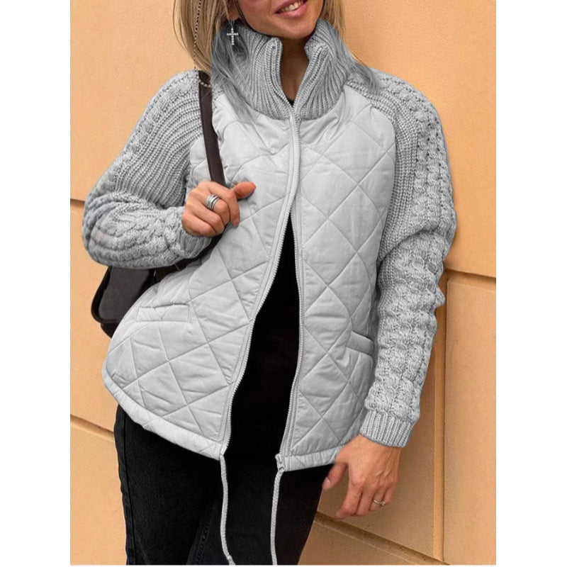 Women's Quilted Jacket with High Collar and Cable-Knit Sleeves