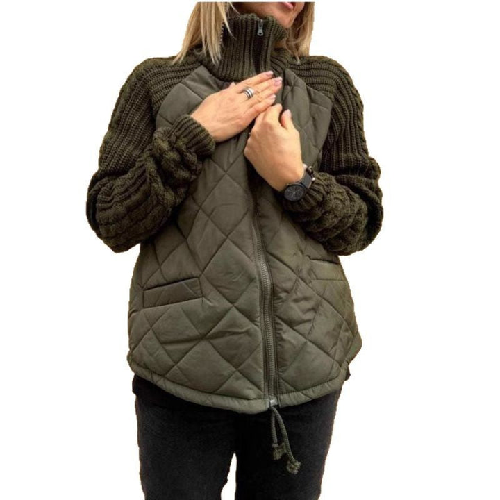 Women's Quilted Jacket with High Collar and Cable-Knit Sleeves