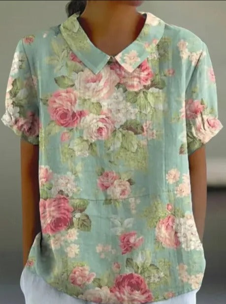 Women's Blouse with Floral Print and Collared Neck