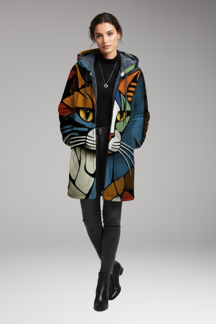 Women's Hooded Cardigan with Zip and Printed Surface