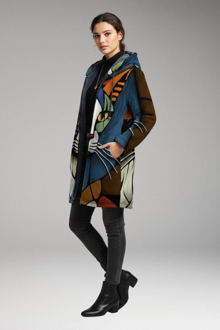 Women's Hooded Cardigan with Zip and Printed Surface