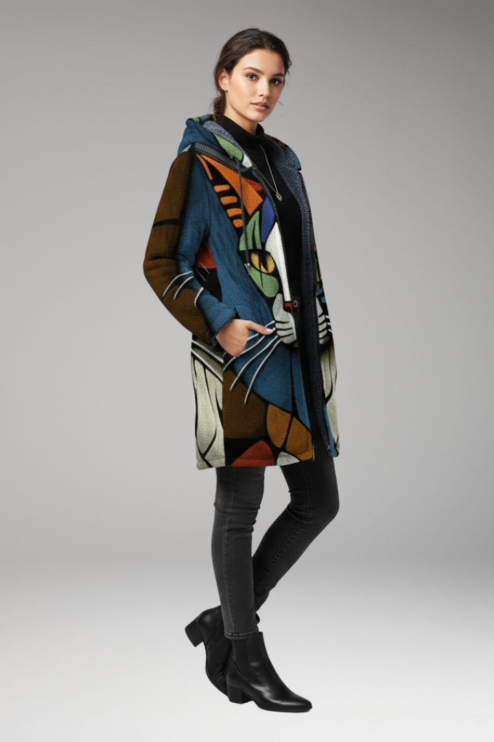 Women's Hooded Cardigan with Zip and Printed Surface