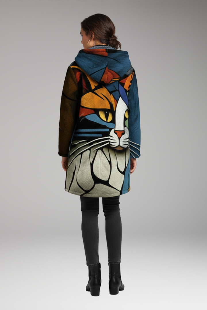 Women's Hooded Cardigan with Zip and Printed Surface
