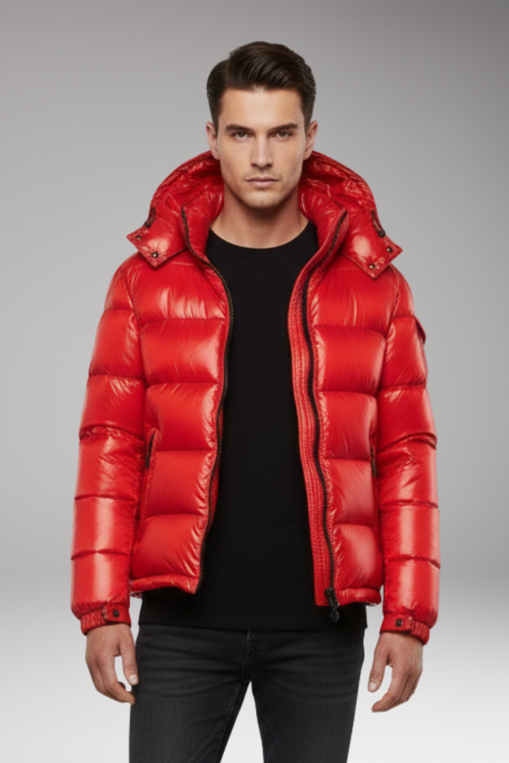 Men's Puffer Jacket with Hooded Neckline and Quilted Surface