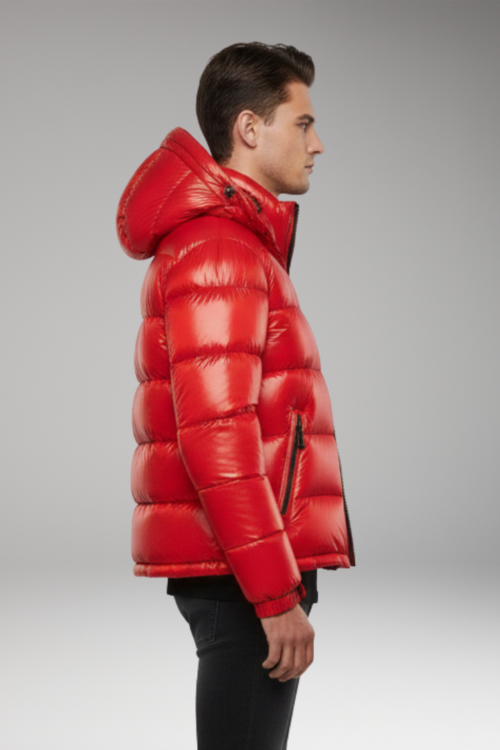 Men's Puffer Jacket with Hooded Neckline and Quilted Surface