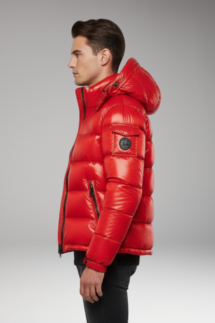 Men's Puffer Jacket with Hooded Neckline and Quilted Surface