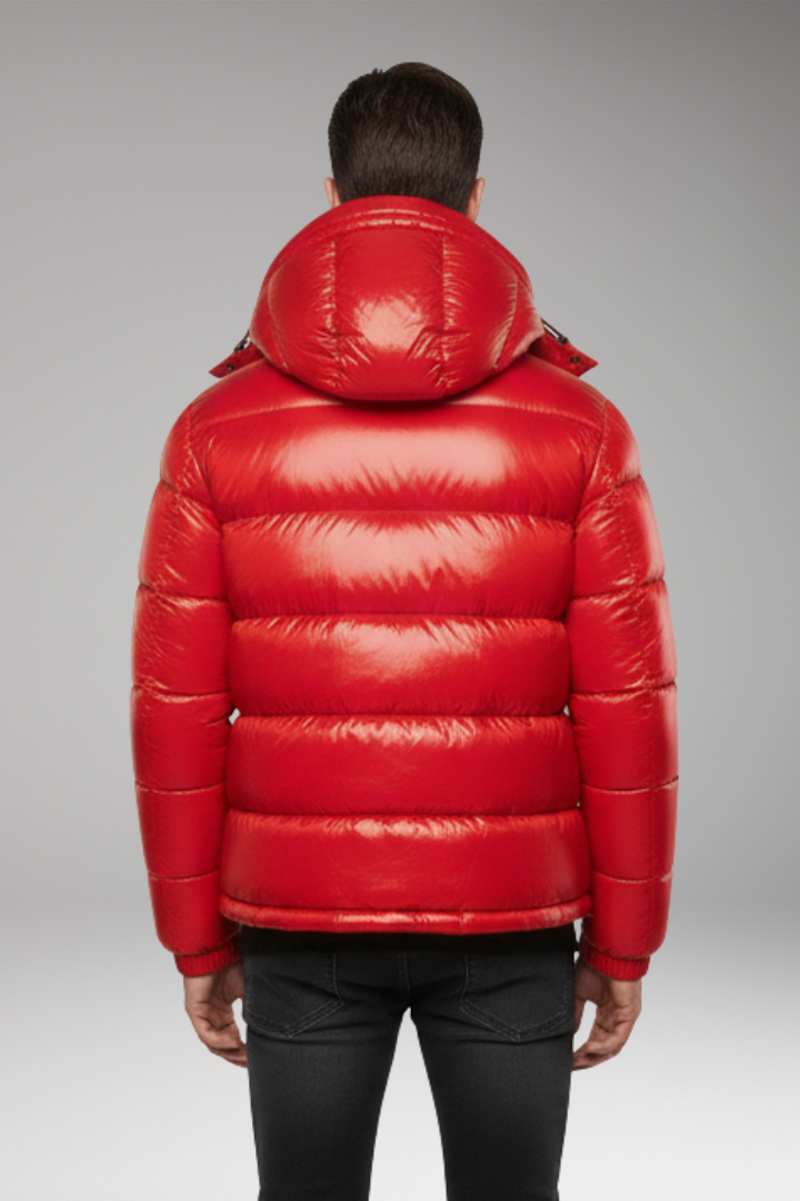 Men's Puffer Jacket with Hooded Neckline and Quilted Surface