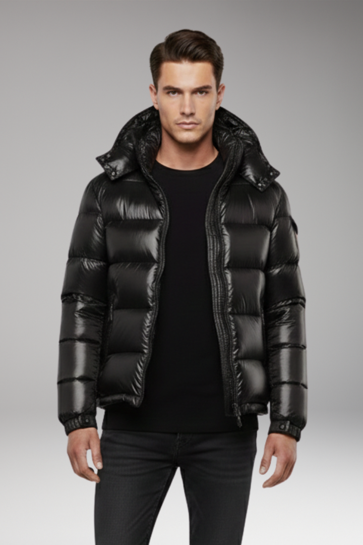 Men's Puffer Jacket with Hooded Neckline and Quilted Surface