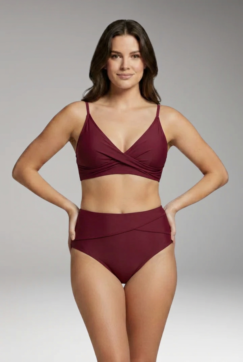 Women’s Ribbed Bikini Set with V-Neck and High-Waisted Bottoms