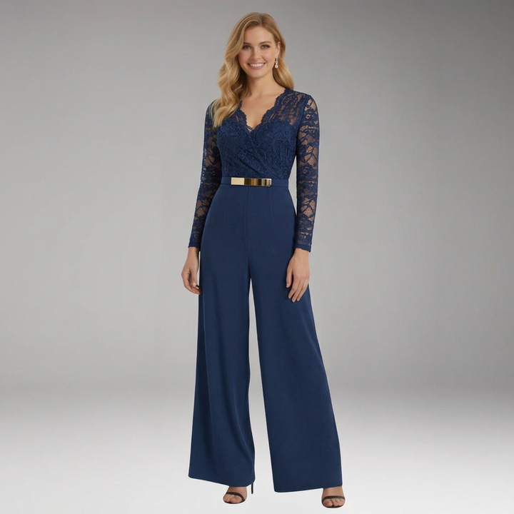 Women's Lace Bodice Wide-Leg Jumpsuit with Long Sleeves