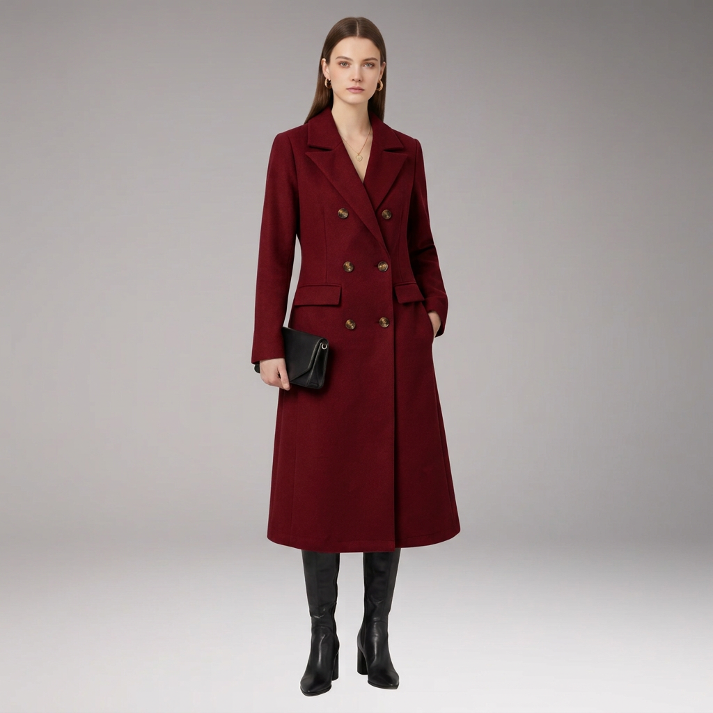 Women’s Long Coat with Turned-Down Collar and Welt Pockets