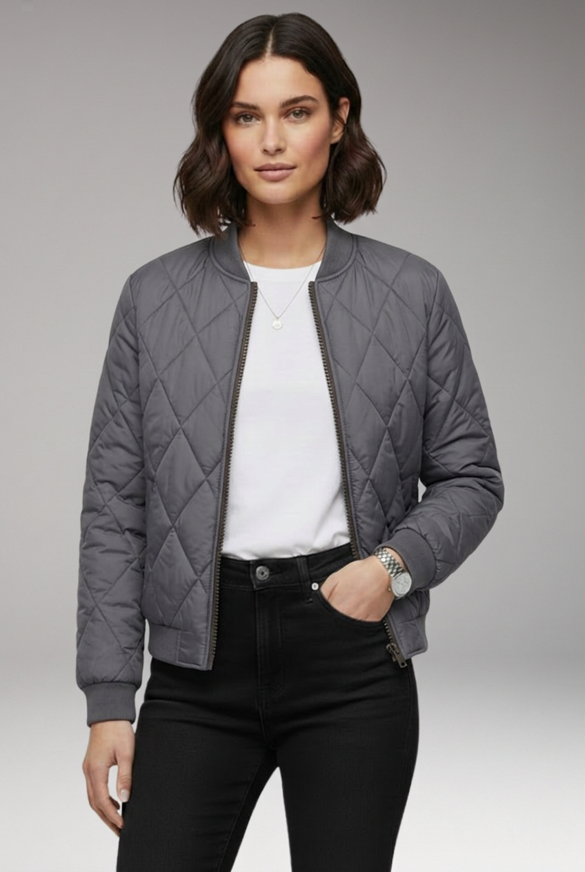 Women’s Bomber Jacket with Zipper Closure and Ribbed Details