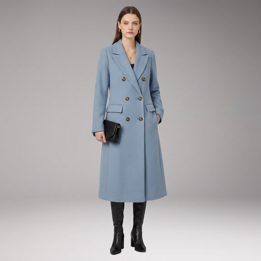 Women’s Long Coat with Turned-Down Collar and Welt Pockets