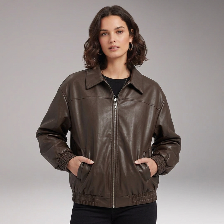 Women’s Bomber Jacket with Zip Front and Ribbed Trim