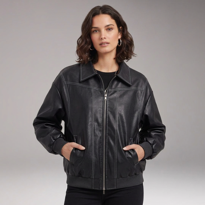 Women’s Bomber Jacket with Zip Front and Ribbed Trim