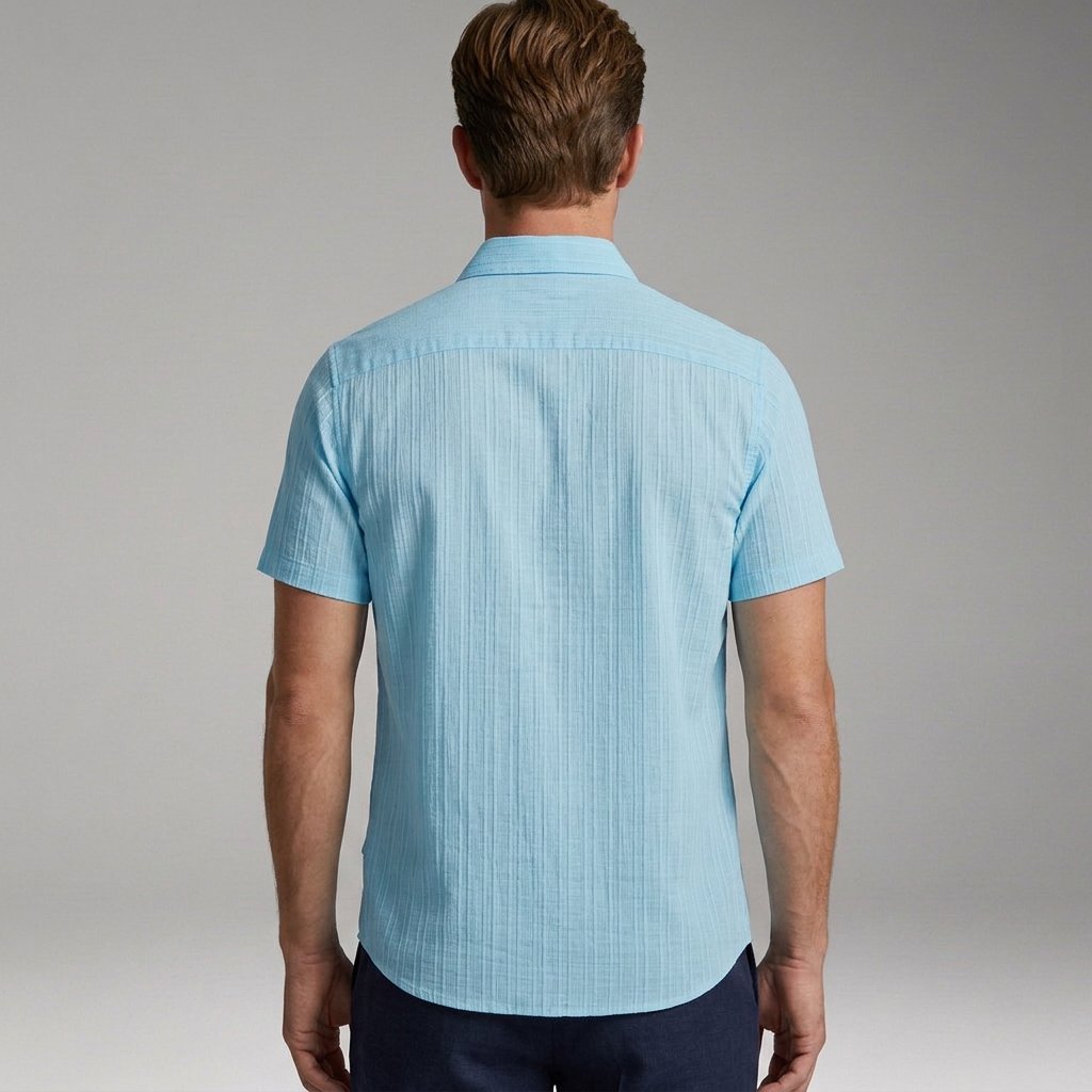 Men’s Short-Sleeve Shirt with Textured Striped Design and Chest Pocket
