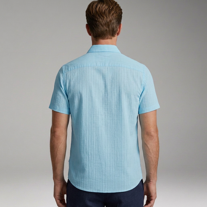 Men’s Short-Sleeve Shirt with Textured Striped Design and Chest Pocket