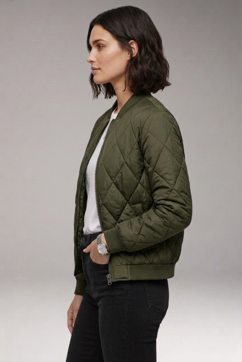 Women’s Bomber Jacket with Zipper Closure and Ribbed Details