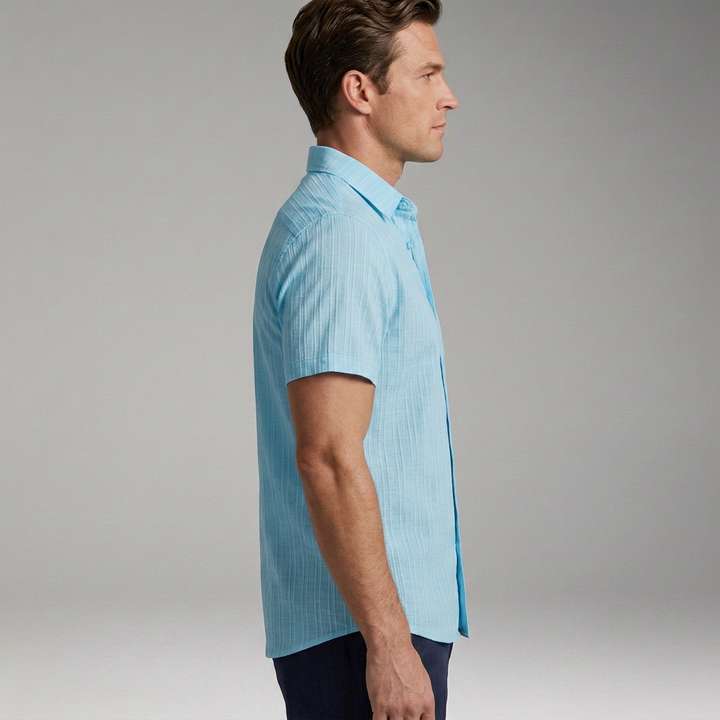Men’s Short-Sleeve Shirt with Textured Striped Design and Chest Pocket