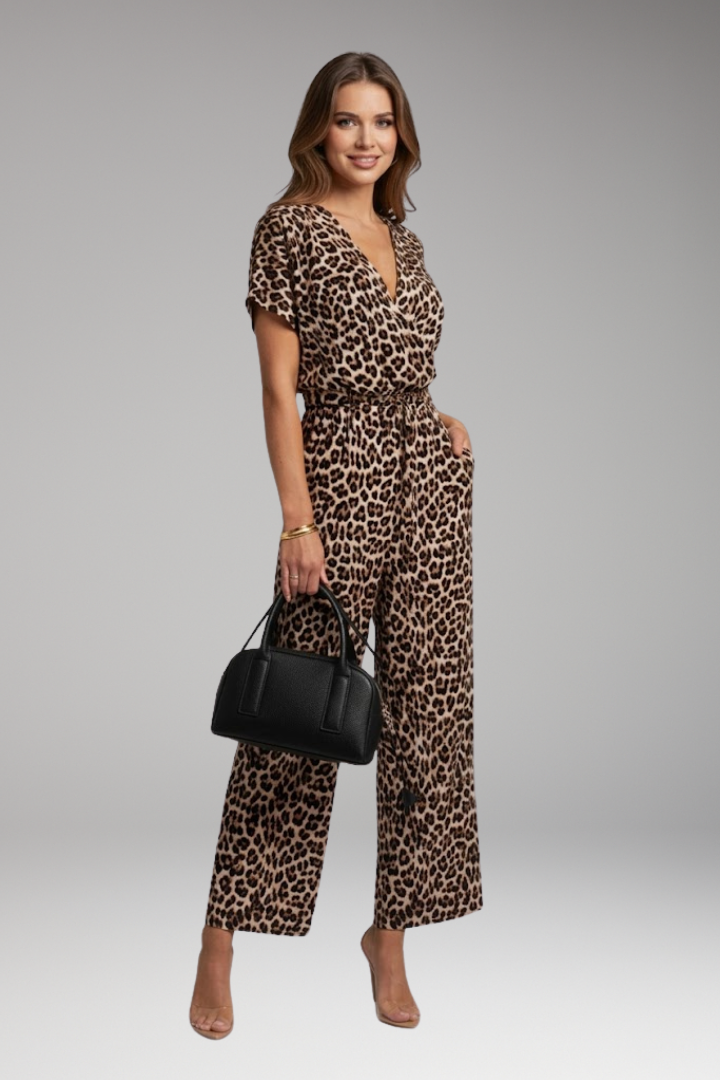 Women's Printed Jumpsuit with Short Sleeves and Wide Legs