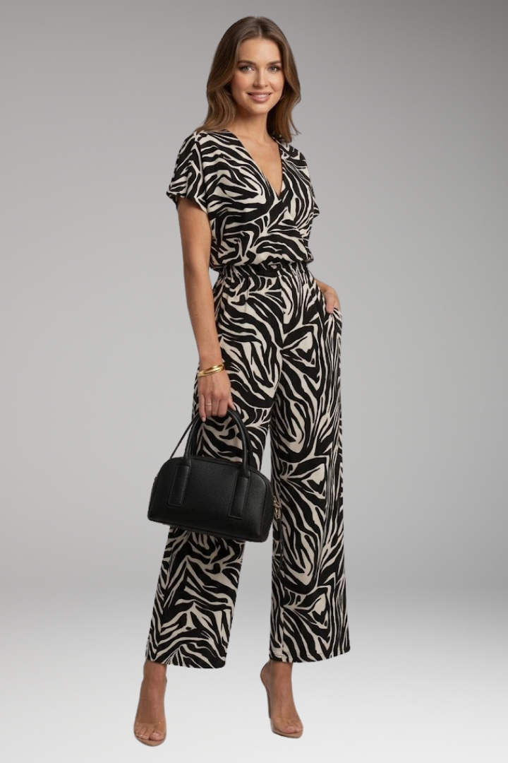 Women's Printed Jumpsuit with Short Sleeves and Wide Legs