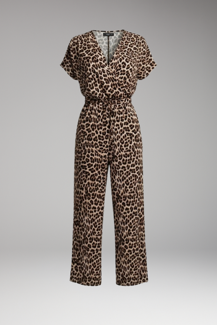 Women's Printed Jumpsuit with Short Sleeves and Wide Legs