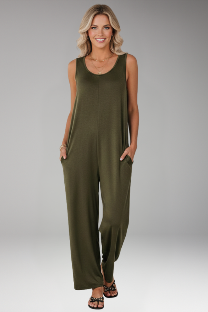 Women’s Sleeveless Jumpsuit with Round Neck and Wide Legs