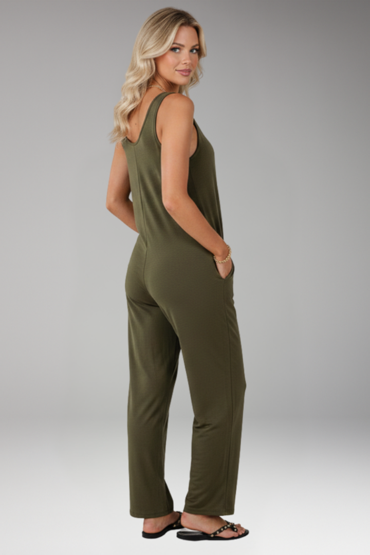 Women’s Sleeveless Jumpsuit with Round Neck and Wide Legs