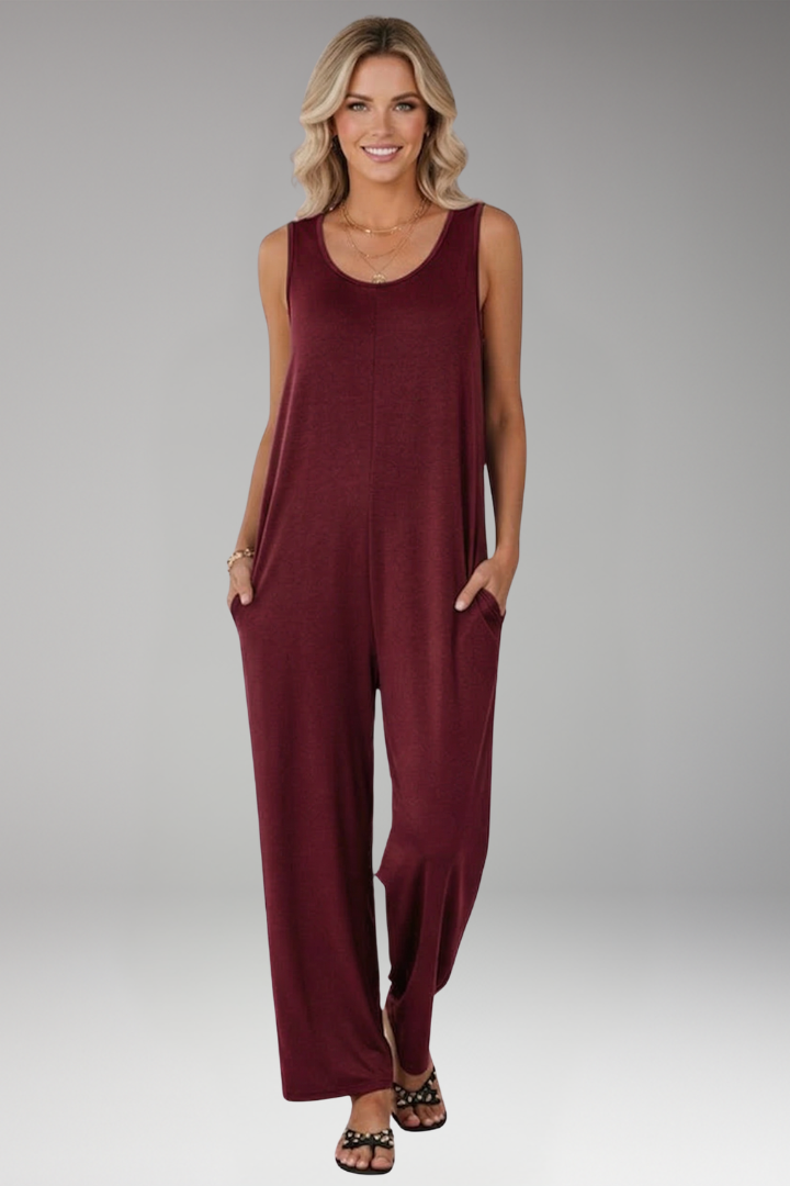 Women’s Sleeveless Jumpsuit with Round Neck and Wide Legs