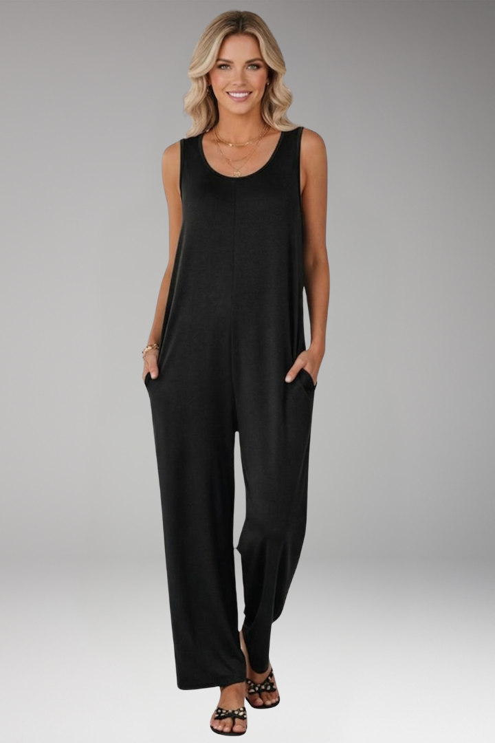 Women’s Sleeveless Jumpsuit with Round Neck and Wide Legs
