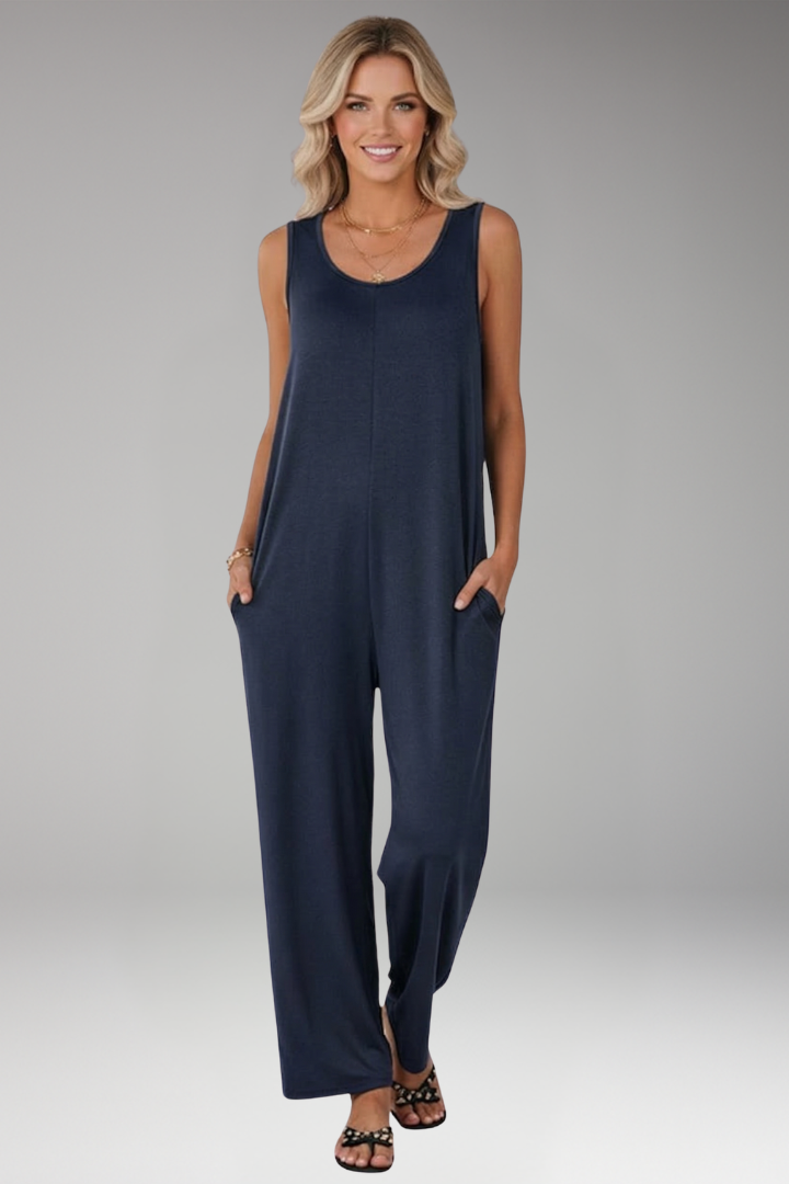Women’s Sleeveless Jumpsuit with Round Neck and Wide Legs