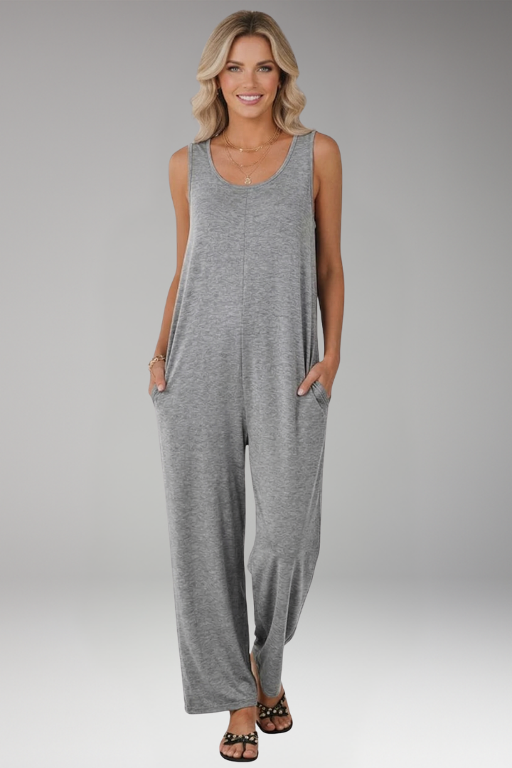 Women’s Sleeveless Jumpsuit with Round Neck and Wide Legs