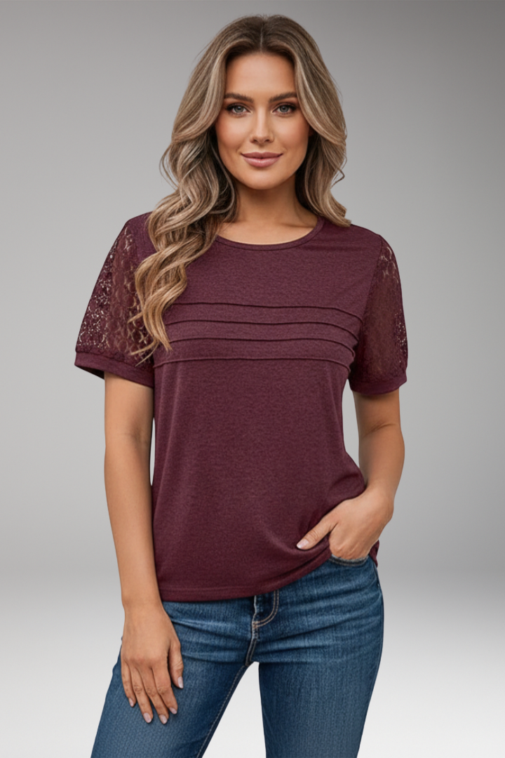 Women's T‑Shirt with Crochet Sleeves and Crew Neck